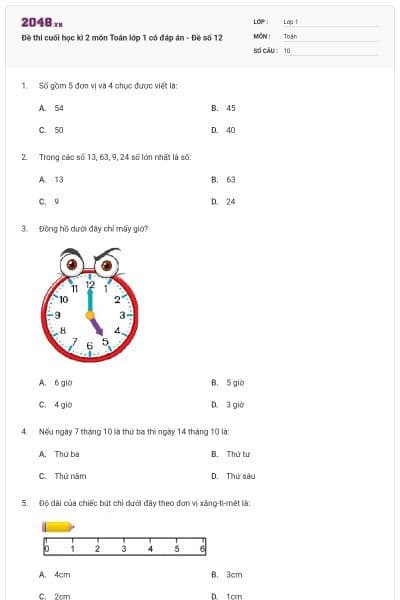 Đề thi cuối học kì 2 môn Toán lớp 1 có đáp án - Đề số 12