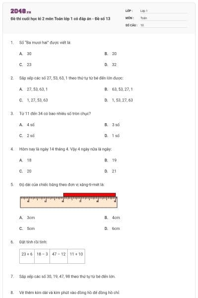 Đề thi cuối học kì 2 môn Toán lớp 1 có đáp án - Đề số 13