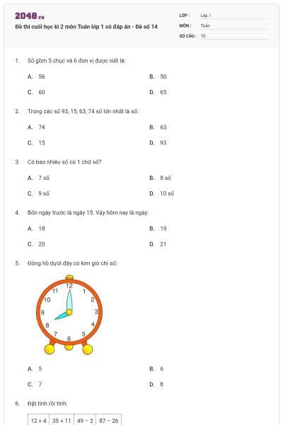 Đề thi cuối học kì 2 môn Toán lớp 1 có đáp án - Đề số 14