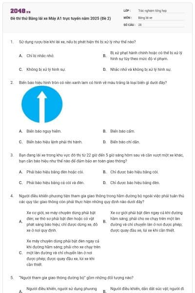 Đề thi thử Bằng lái xe Máy A1 trực tuyến năm 2025 (Đề 2)