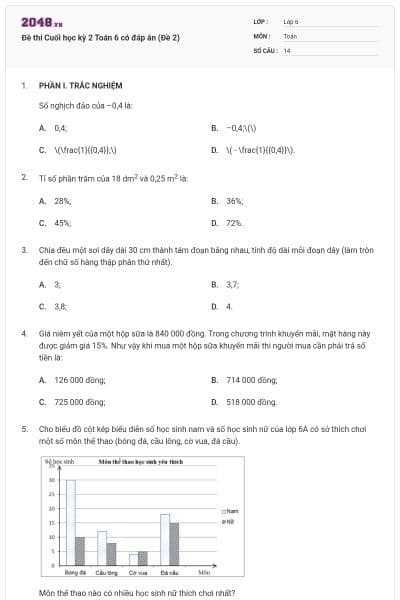 Đề thi Cuối học kỳ 2 Toán 6 có đáp án (Đề 2)