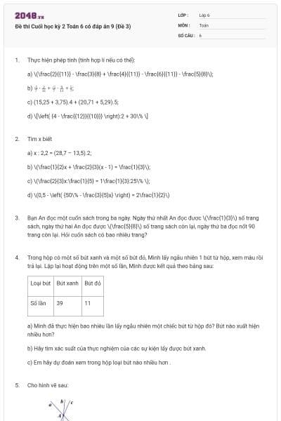 Đề thi Cuối học kỳ 2 Toán 6 có đáp án 9 (Đề 3)