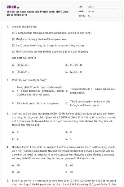 260 Bài tập Amin, Amino axit, Protein ôn thi THPT Quốc gia có lời giải (P1)