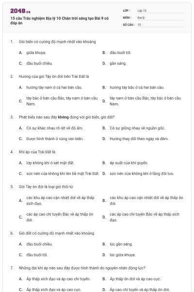 15 câu Trắc nghiệm Địa lý 10 Chân trời sáng tạo Bài 9 có đáp án