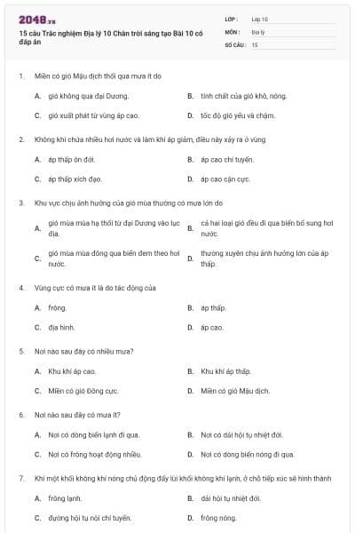 15 câu Trắc nghiệm Địa lý 10 Chân trời sáng tạo Bài 10 có đáp án