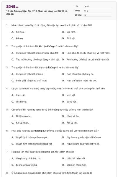 15 câu Trắc nghiệm Địa lý 10 Chân trời sáng tạo Bài 14 có đáp án