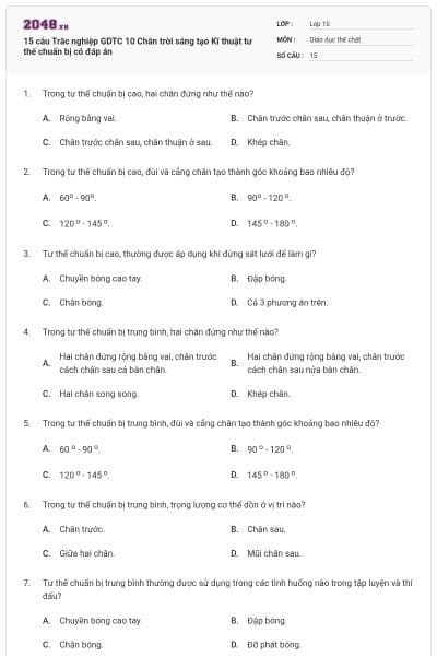 15 câu Trắc nghiệp GDTC 10 Chân trời sáng tạo Kĩ thuật tư thế chuẩn bị có đáp án