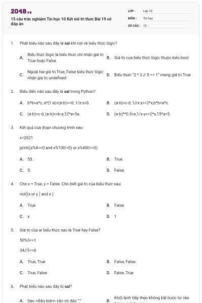 15 câu trắc nghiệm Tin học 10 Kết nối tri thức Bài 19 có đáp án