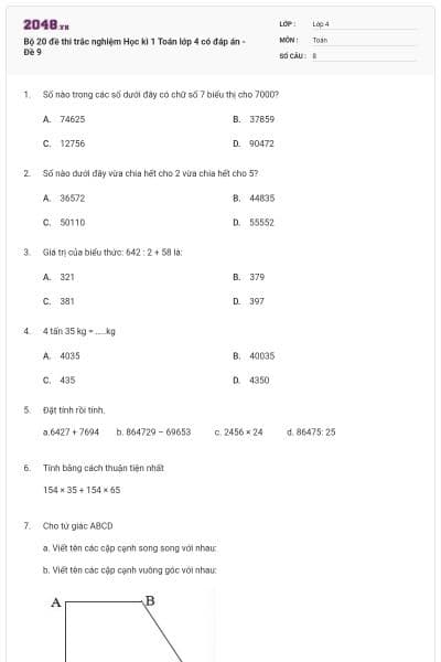 Bộ 20 đề thi trắc nghiệm Học kì 1 Toán lớp 4 có đáp án - Đề 9