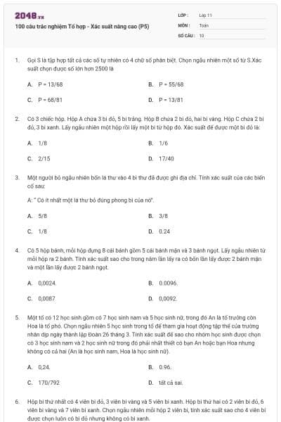 100 câu trắc nghiệm Tổ hợp - Xác suất nâng cao (P5)