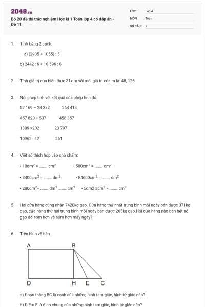 Bộ 20 đề thi trắc nghiệm Học kì 1 Toán lớp 4 có đáp án - Đề 11