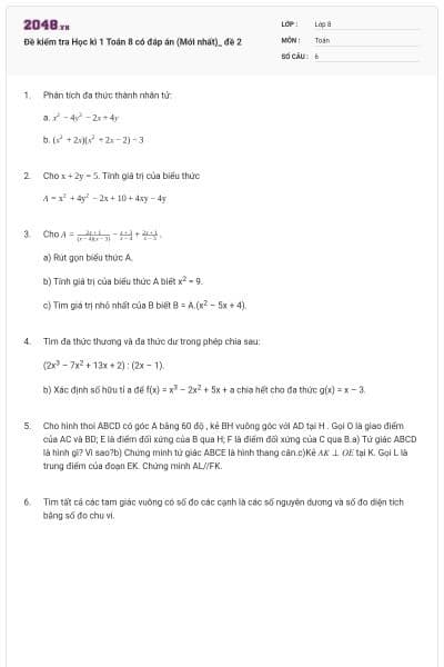 Đề kiểm tra Học kì 1 Toán 8 có đáp án (Mới nhất)_ đề 2