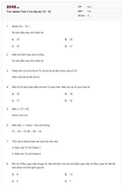 Trắc nghiệm Toán 2 (có đáp án): 52 - 28