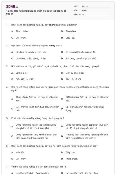 15 câu Trắc nghiệm Địa lý 10 Chân trời sáng tạo Bài 29 có đáp án