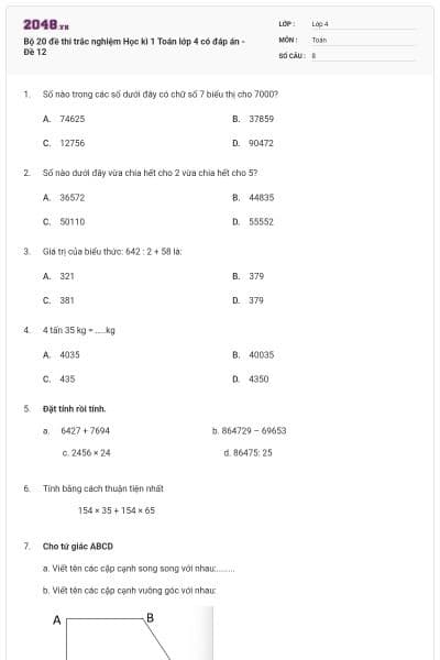 Bộ 20 đề thi trắc nghiệm Học kì 1 Toán lớp 4 có đáp án - Đề 12