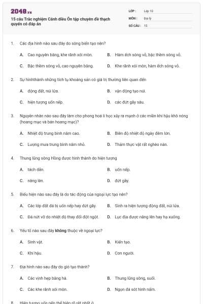 15 câu Trắc nghiệm Cánh diều Ôn tập chuyên đề thạch quyển có đáp án