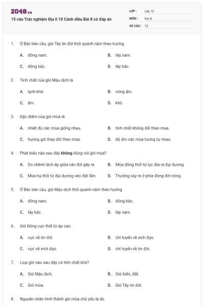 15 câu Trắc nghiệm Địa lí 10 Cánh diều Bài 8 có đáp án