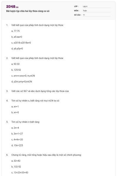 Bài luyện tập chia hai lũy thừa cùng cơ số