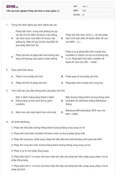 100 câu trắc nghiệm Phép dời hình cơ bản (phần 1)