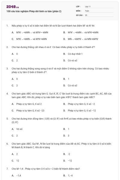 100 câu trắc nghiệm Phép dời hình cơ bản (phần 2)