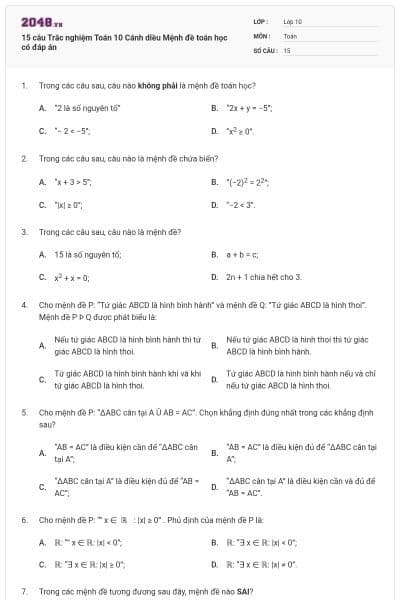 15 câu Trắc nghiệm Toán 10 Cánh diều Mệnh đề toán học có đáp án