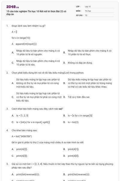 15 câu trắc nghiệm Tin học 10 Kết nối tri thức Bài 22 có đáp án