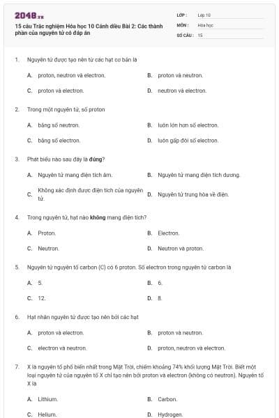 15 câu Trắc nghiệm Hóa học 10 Cánh diều Bài 2: Các thành phần của nguyên tử có đáp án