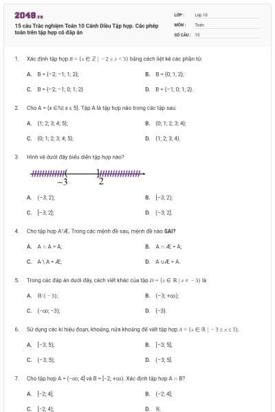 15 câu Trắc nghiệm Toán 10 Cánh Diều Tập hợp. Các phép toán trên tập hợp có đáp án
