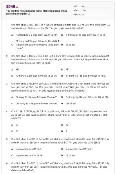 100 câu trắc nghiệm Đường thẳng, Mặt phẳng trong không gian nâng cao (phần 2)