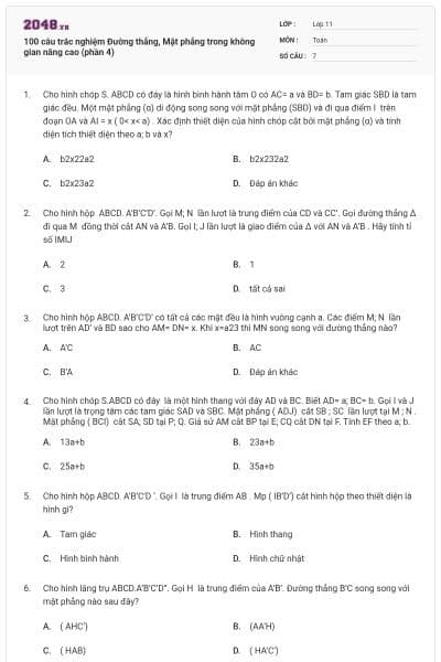 100 câu trắc nghiệm Đường thẳng, Mặt phẳng trong không gian nâng cao (phần 4)