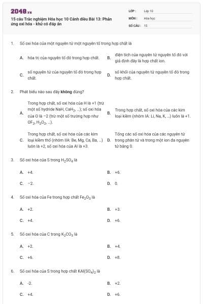 15 câu Trắc nghiệm Hóa học 10 Cánh diều Bài 13: Phản ứng oxi hóa - khử có đáp án