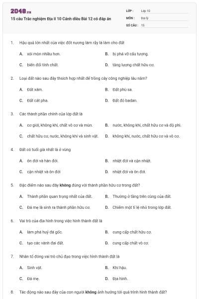 15 câu Trắc nghiệm Địa lí 10 Cánh diều Bài 12 có đáp án