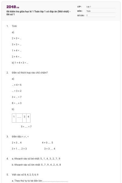 Đề kiểm tra giữa học kì 1 Toán lớp 1 có đáp án (Mới nhất) - Đề số 1