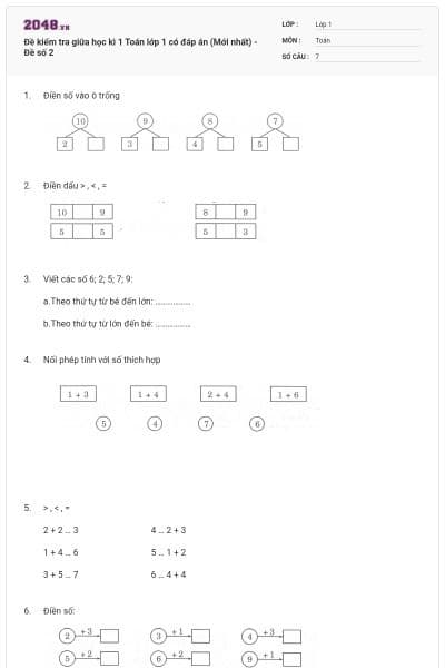Đề kiểm tra giữa học kì 1 Toán lớp 1 có đáp án (Mới nhất) - Đề số 2