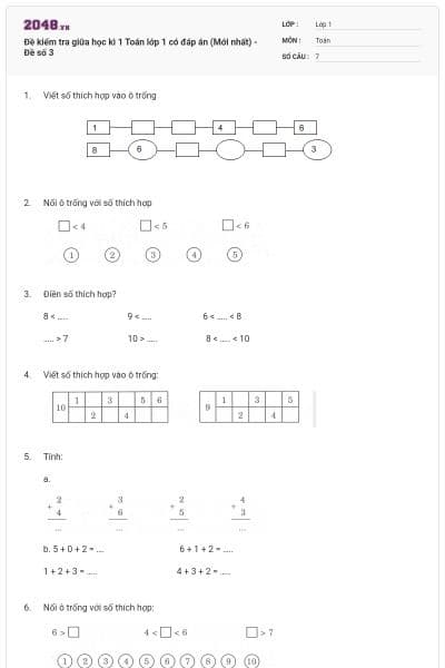 Đề kiểm tra giữa học kì 1 Toán lớp 1 có đáp án (Mới nhất) - Đề số 3