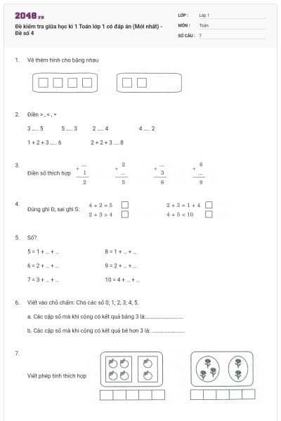 Đề kiểm tra giữa học kì 1 Toán lớp 1 có đáp án (Mới nhất) - Đề số 4