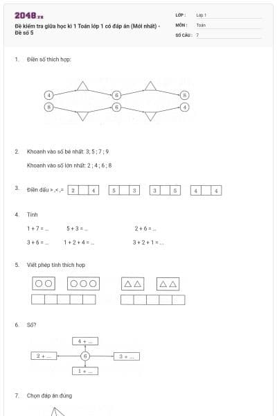 Đề kiểm tra giữa học kì 1 Toán lớp 1 có đáp án (Mới nhất) - Đề số 5