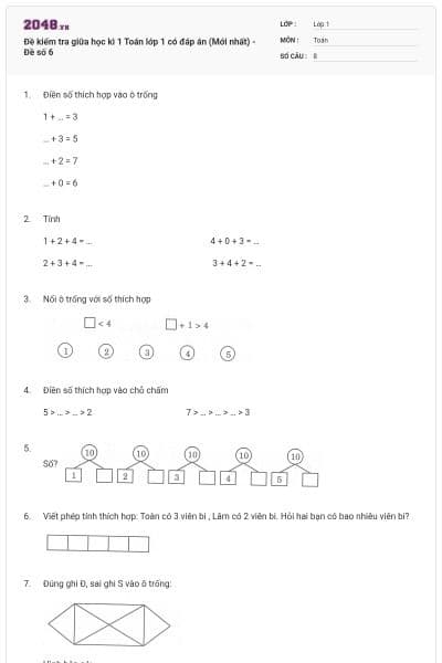Đề kiểm tra giữa học kì 1 Toán lớp 1 có đáp án (Mới nhất) - Đề số 6