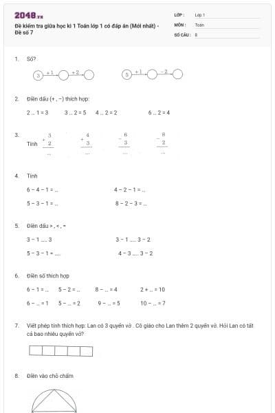 Đề kiểm tra giữa học kì 1 Toán lớp 1 có đáp án (Mới nhất) - Đề số 7