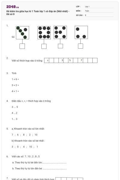 Đề kiểm tra giữa học kì 1 Toán lớp 1 có đáp án (Mới nhất) - Đề số 8