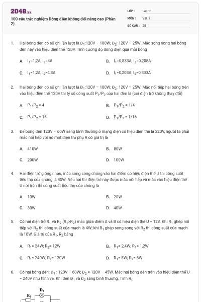 100 câu trắc nghiệm Dòng điện không đổi nâng cao (Phần 2)