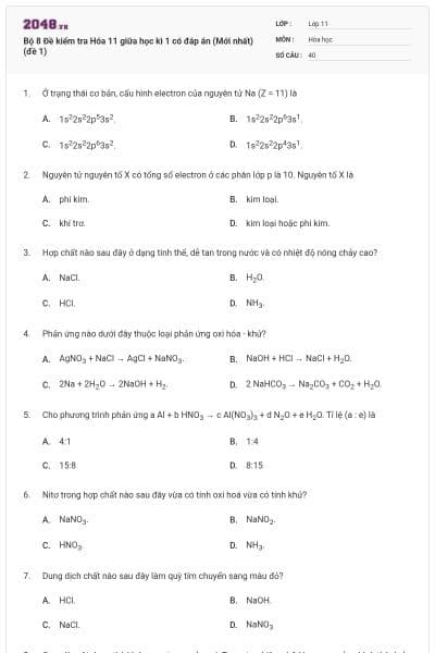 Bộ 8 Đề kiểm tra Hóa 11 giữa học kì 1 có đáp án (Mới nhất) (đề 1)