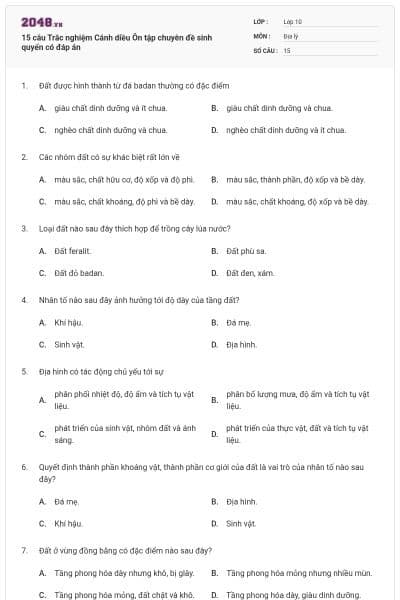 15 câu Trắc nghiệm Cánh diều Ôn tập chuyên đề sinh quyển có đáp án