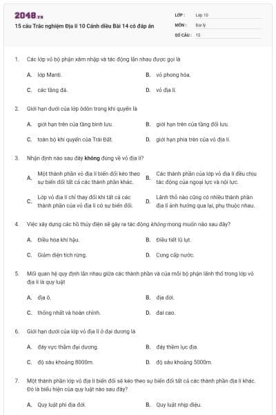 15 câu Trắc nghiệm Địa lí 10 Cánh diều Bài 14 có đáp án