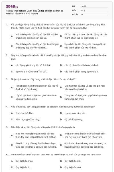 15 câu Trắc nghiệm Cánh diều Ôn tập chuyên đề một số quy luật của vỏ địa lí có đáp án
