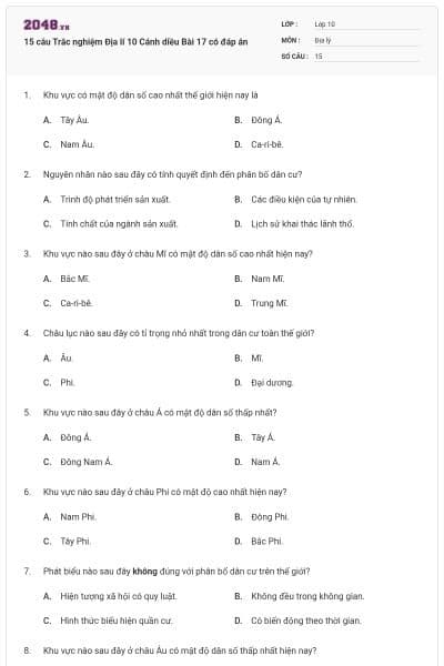 15 câu Trắc nghiệm Địa lí 10 Cánh diều Bài 17 có đáp án