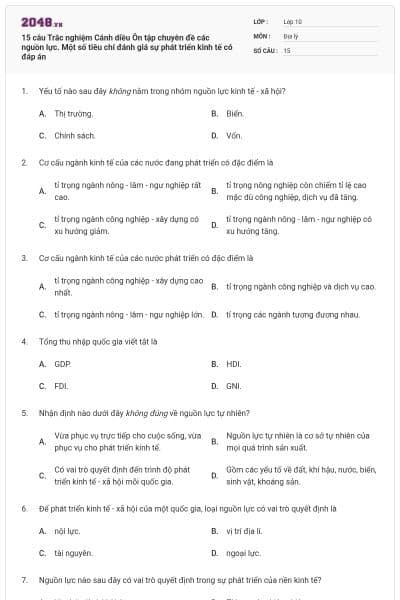 15 câu Trắc nghiệm Cánh diều Ôn tập chuyên đề các nguồn lực. Một số tiêu chí đánh giá sự phát triển kinh tế có đáp án