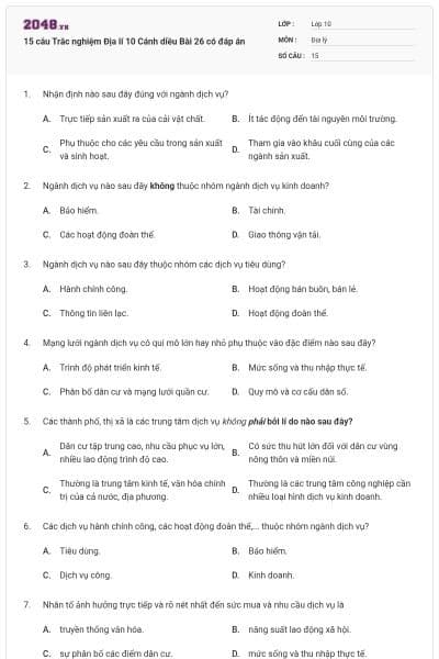 15 câu Trắc nghiệm Địa lí 10 Cánh diều Bài 26 có đáp án