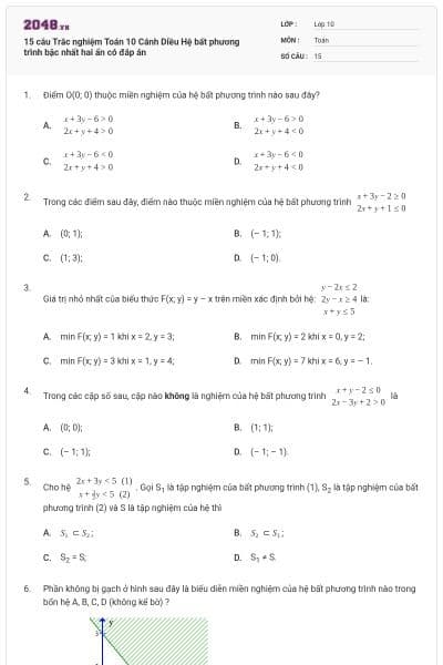 15 câu Trắc nghiệm Toán 10 Cánh Diều Hệ bất phương trình bậc nhất hai ẩn có đáp án