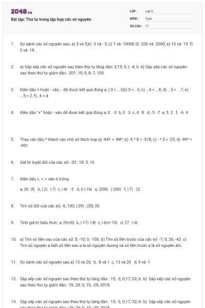 Bài tập: Thứ tự trong tập hợp các số nguyên